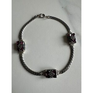 JC Sterling Silver 925 Garnet Marcasite Link Bracelet Vintage Gothic 7.25in